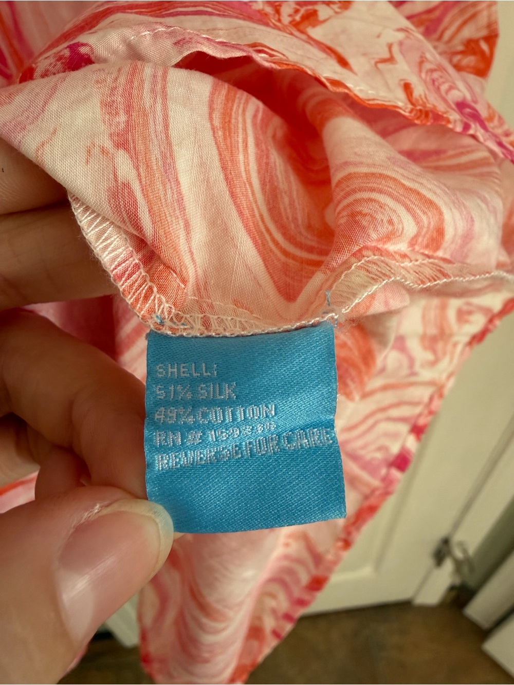 J. McLaughlin Janelle Silk Cotton Swirl Tiered Dress Marble Pink Coral Pockets - Picture 7 of 7